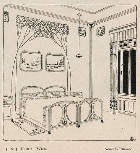 Art nouveau bedroom designerd by J & J Kohn, Wien, 1901. Lovely stencelling! Art Nouveau Bedroom Ideas, Art Nouveau Bedroom Interior Design, Art Nouveau Bedroom, Motifs Art Nouveau, Art Nouveau Interior, Art Nouveau Furniture, Vienna Secession, Modern Graphic Art, Deco Bedroom