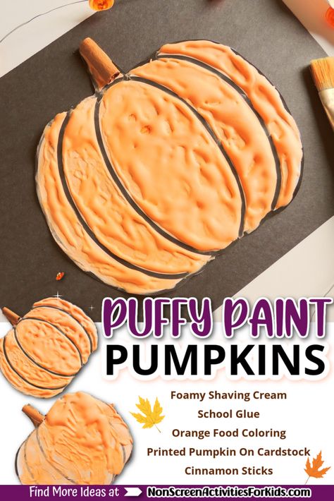 Pumpkin Painting For Preschoolers, Halloween Puffy Paint Crafts, Fall Puffy Paint Crafts, November Enrichment Activities, September Activity Ideas, Puffy Paint Pumpkins, Pumpkin Art And Craft, Halloween Preschool Activities Crafts, November Activities For Seniors