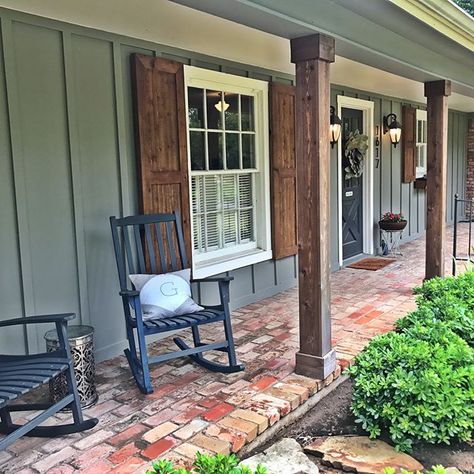 Country Front Porch Ideas Rustic, Magnolia Realty, Wood Shutters Exterior, Green House Exterior, Green Siding, Chip Gaines, Ranch House Exterior, House Paint Color Combination, House Shutters