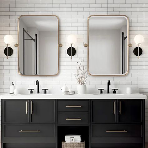 Jarlyn Metal Rectangle Wall Mirror Bathroom Black Fixtures Gold Mirror, Accent Tile Behind Bathroom Mirror, Black White Bathrooms Modern, Tile Behind Bathroom Mirror, Vanity With 2 Mirrors, Black Gold And White Bathroom, Bathroom Mirrors And Lights Double Sinks, Double Mirror Bathroom Vanity, Bathrooms With Black Vanities