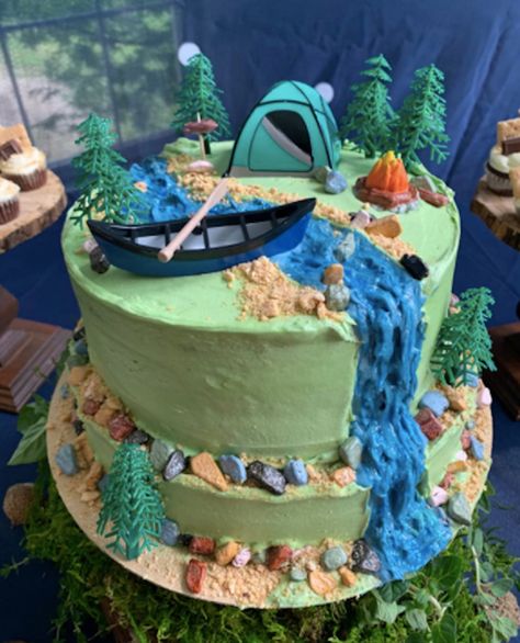 Fancy Birthday Cake Ideas, Camp Cake Ideas, Camping Cakes Birthday, Glamping Cake, Camping Cake Ideas, Camping Themed Cake, River Cake, Camping Birthday Party Decorations, Camp Cake