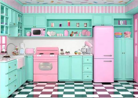 Barbie House Background, Y2k Kitchen, Pink Green Kitchen, George Mcfly, Kitchen Backdrop, Shooting Photo Studio, Mint Green Kitchen, 80s Kitchen, Pretty Apartments