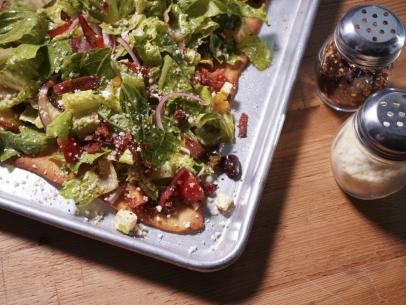 Pizza Salad Recipe | Katie Lee Biegel | Food Network Tomato And Mozzarella Salad, Katie Lee Biegel, Salad Pizza, Tomato And Mozzarella, The Kitchen Food Network, Pizza Salad, Mozzarella Salad, Vinaigrette Recipe, Thin Crust Pizza