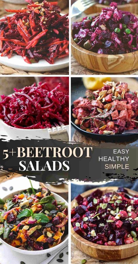 Beetroot Salad Recipes: Simple, easy to make beet salad recipes that can be made with fresh/raw or roasted beets. Enjoy a healthy beetroot salad (shredded, spiralized or julienned) - served cold during summer, as lunch, side dish or dinner. The beet salads will improve your meal’s nutritional value. #beetrootsalad #beetsalad #beetrootrecipes #beetrecipes Beetroot Salad Recipes, Raw Beetroot Salad, Beet Salads, Red Beets Salad, Pickled Beet Salad, Roasted Beets Recipe, Healthiest Vegetables, Salad Recipes Healthy, Beetroot Recipes