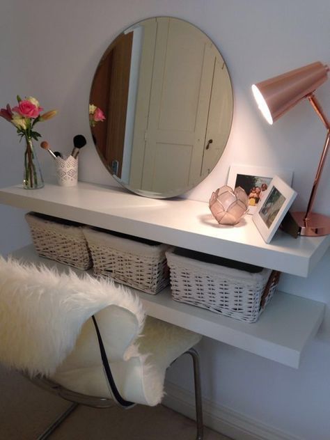 Floating shelves small bedroom vanity Small Bedroom Vanity, Hiasan Bilik Tidur, Decor Studio, Decor Ikea, Hiasan Bilik, Bilik Tidur, غرفة ملابس, Tiny Bedroom, Stylish Bedroom