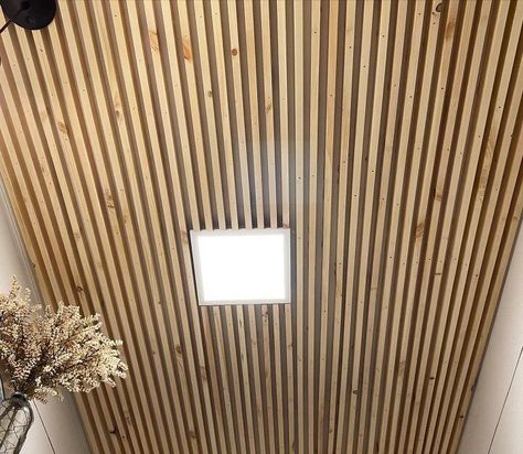 DIY Skinny Slat Ceiling | Hometalk Wood Slat Ceiling Hallway, Diy Wood Slat Ceiling, Slat Ceiling Bathroom, Slat Ceiling Basement, Slat Wall Ceiling, Bathroom Wood Ceiling, Wood Ceiling Bathroom, Bathroom Ceiling Ideas, Bathroom Ceiling Panels