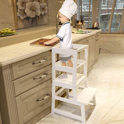 WOOD CITY Kitchen Stool Helper for Kids with Non-Slip Mat, Toddler Stool Tower for Learning, Wooden Toddler Stepping Stool for Counter & Bathroom Sink(White) Counter Bathroom Sink, Helper Stool, Stepping Stool, Counter Bathroom, Toddler Step Stool, Toddler Kitchen, Kitchen Step Stool, Baby Inside, Kitchen Stool