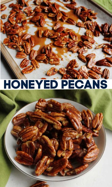 Delicious 4 ingredient candied pecans coated in delicious honey. They are a perfect snack on their own or as a topping for so many things. Easy Glaze Recipe, Honey Pecans, Candied Nuts Recipe, Pecan Recipes Easy, Honey Roasted Pecans, Chocolate Covered Pecans, Nut Dessert, Flavored Nuts, Keto Snacks Easy