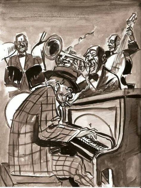 Jazz Band Jazz Photography Vintage, Jazz Band Painting, Jazz Club Drawing, Jazz Band Drawing, Jazz Band Art, Jazz Club Art, 50s Jazz Aesthetic, Jazz Playlist Cover, Jazz Band Aesthetic