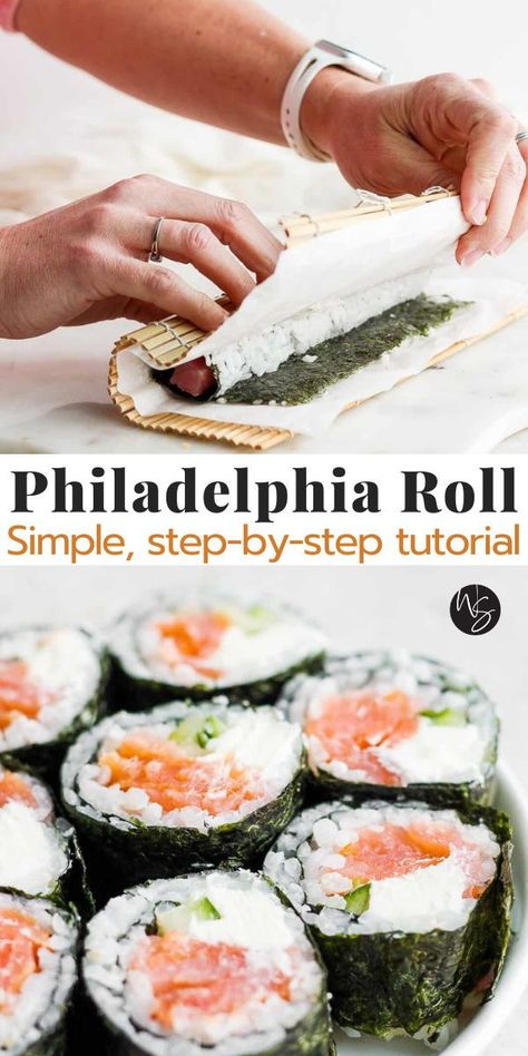 Philadelphia Rolls Sushi, California Roll Sushi With Cream Cheese, Cream Cheese Sushi Rolls Recipe, Seafood Free Sushi, Triangle Sushi Recipe, Cooked Salmon Sushi Recipes, At Home Sushi Rolls, Easy At Home Sushi Recipes, Easy California Roll Recipe