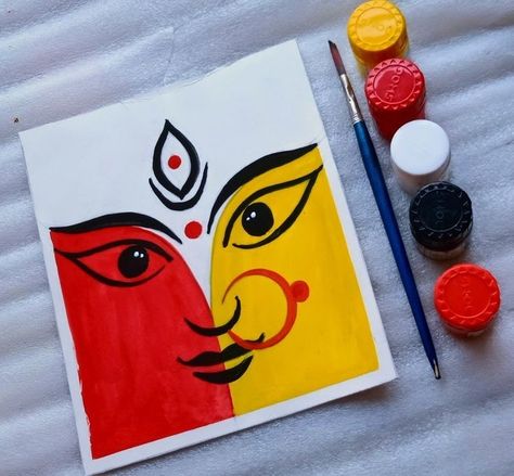 Ma Durga Drawing Easy For Kids, Navaratri Painting Ideas, Easy Durga Puja Drawing, Dussehra Painting Ideas, Durga Maa Pictures Drawing, Ma Durga Painting Easy, Dushera Rangoli Designs, Lord Durga Drawing, Maa Durga Painting Easy