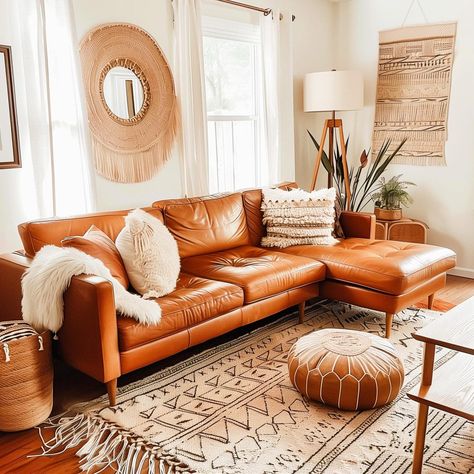 60  Living Room Ideas Featuring a Cognac Couch - HearthandPetals Orange Leather Sofa Living Room Ideas, Copper Couch Living Room Ideas, Styling A Leather Couch, Living Room Designs With Leather Couch, Tan Sofa Living Room Ideas Decor, Orange Leather Couch Living Room, Caramel Couch Living Room, Cognac Sofa Living Rooms, Cream Couch Living Room Color Schemes