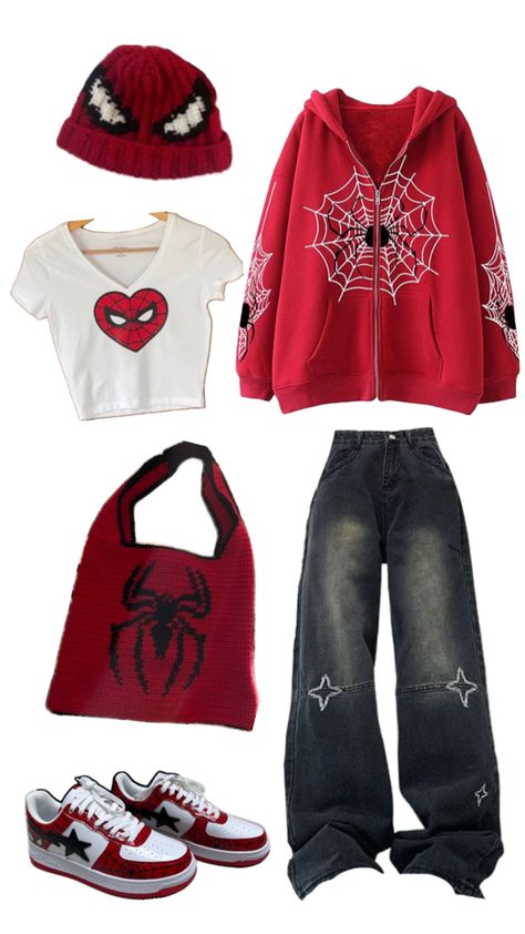 Crochet Spiderman Sweater, Spiderman Aesthetic Outfit, Spider Man Fit, Spiderman Fits, Spiderman Outfit Ideas, Spiderman Clothing, Spider Man Outfits Ideas, Spider Man Outfits, Spiderman Inspired Outfit