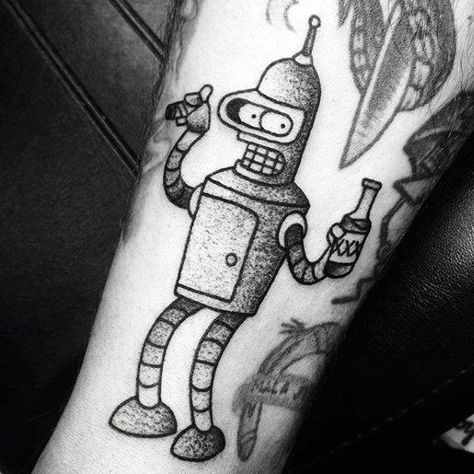 Black And Grey Bender Tattoos #UltraCoolTattoos Futurama Costume, Bender Tattoo, Futurama Robot, Futurama Tattoo, Bender Futurama, Robot Tattoo, Tatuagem Masculina Pequena, Dibujos Tattoo, Literary Tattoos