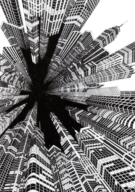 Focal Point Skyscraper Doodle, Cityscape Artwork, Focal Point Art, Perspective Art, Principles Of Design, Perspective Drawing, Black And White Illustration, Malbec, Art Plastique