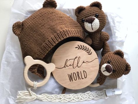 Gift For Siblings, Wooden Milestone, Knitted Bear, Bear Baby Shower Theme, Baby Hamper, Toy Crochet, Baby Gift Box, Baby Gift Basket