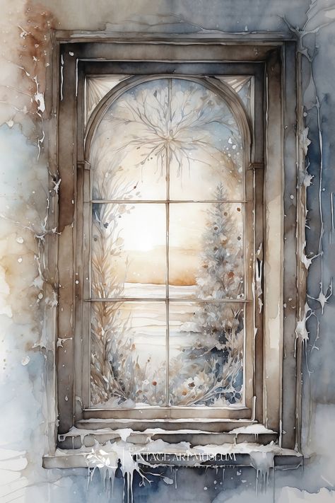 Create neutral festive decor with art featuring a frosted window at Christmas. Complement your decor with peaceful holiday charm. 🖼️❄️ #HolidayArt #NeutralDecor #WallArt #HolidaySerenity #ChristmasWindow Christmas Illustration Watercolor, Christmas Window Art, Window Christmas, Frosted Window, Winter Window, Christmas Artwork, Winter Wall Art, Winter Watercolor, Wall Art Watercolor