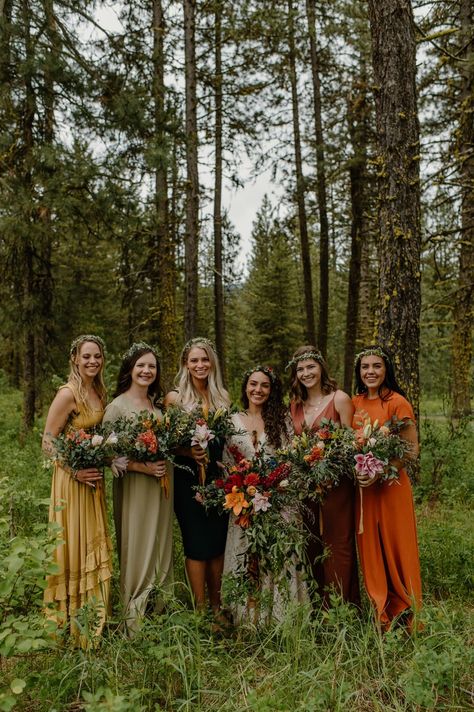 Hippie Bridesmaid Dresses, Triangle Photography, Neutral Boho Wedding, Boho Wedding Bridesmaid, Boho Bridesmaid Dresses, Idaho Summer, Wedding In The Forest, Bohemian Bridesmaid, Fall Wedding Bridesmaids