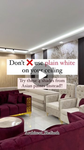 Cyrus Atelier on Instagram: "Try these Asian paints @asianpaints colours on your ceiling !! Follow @architect_shalinth for more such content!! #paint #wallpainting #asianpaints #falseceiling #ceilingpainting #design #interiordesign #architecture #paintprotection #painting🎨 #wallcolor #colorideas #chennaiinteriors" False Ceiling Colour Ideas, Asian Paints Wall Designs, Asian Paints Colours, Ceiling Paint Colors, Ceiling Painting, Wall Texture Design, Asian Paints, Colored Ceiling, Wall Paint Designs