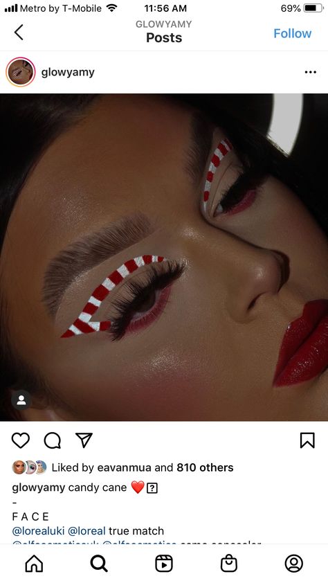 Candy Cane Makeup Ideas, Christmas Graphic Eyeliner, Winged Makeup, Candy Cane Makeup, Xmas Makeup, Christmas Eyeshadow, Lilly Pulitzer Outfits, Christmas Eye Makeup, Crease Makeup