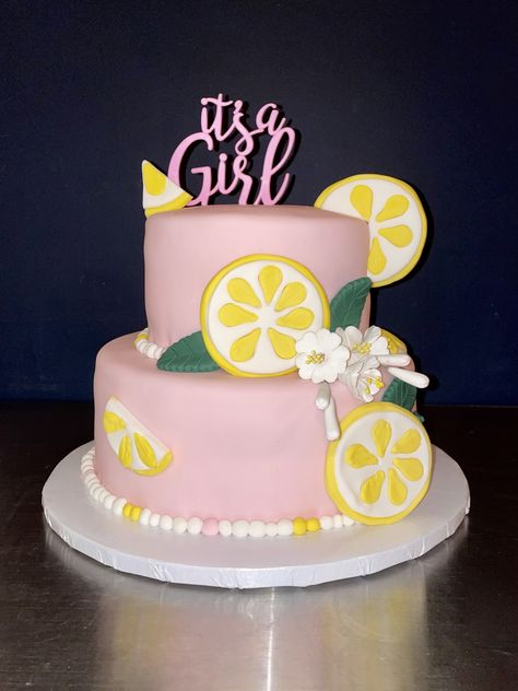 Lemon Baby Shower Cake 🍋 Lemon Squeeze Baby Shower Theme, Lemonade Themed Baby Shower Ideas, Lemon Themed Baby Shower Ideas Girl, Lemon And Pink Baby Shower Theme, Lemonade Baby Shower Theme Girl, Pink Lemonade Baby Shower Theme, Pink Lemonade Baby Shower Ideas, Lemonade Baby Shower Theme, Lemon Baby Shower Ideas