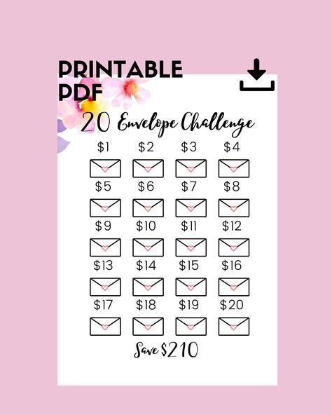 Excited to share this item from my #etsy shop: 20 Envelope Money Saving Challenge Printable, Save 210, Savings Challenge, Savings Tracker, Savings Planner #30daysavings #moneysaving #savein30days #savingchallenge #moneychallenge #savingstracker #savingsprintable Envelope Money Saving Challenge, Envelope Money Saving, Money Saving Challenge Printable, 52 Week Saving Plan, Saving Challenge Printable, Envelope Money, Savings Planner, Cash Envelope System, Money Saving Plan