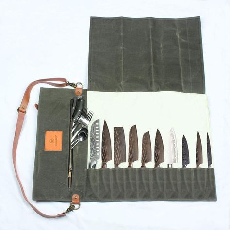 Wessleco Chef Knife Roll Bag (10 Pockets), Waxed Canvas Knife Carrying Case Storage Chef Bag, Chef Knife Bags, Roll Up Design, Knife Bag, Knife Roll, Case Knives, Camping Bag, Carrier Bag, Waxed Canvas