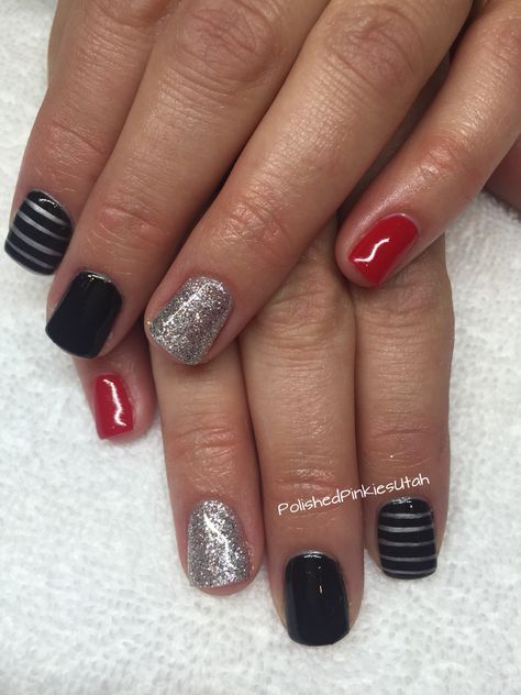 Polished Pinkies Utah: red black and silver nails. Beautiful gel polish mani. Red Silver Nails, Red And Silver Nails, Black Silver Nails, Pink Black Nails, Red Tips, Silver Nail Designs, Red Nails Glitter, Red Gel Nails, Glitter French Manicure