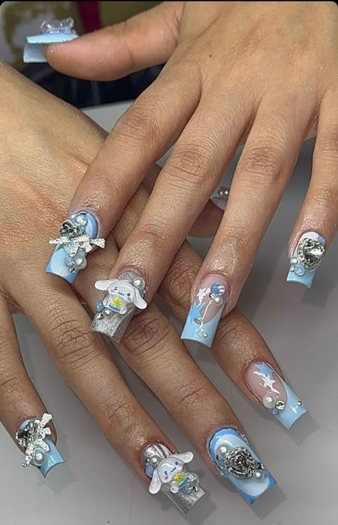 sanrio, soft girl, y2k, cybery2k, acrylic nails, cinnamonroll, hello kitty, kuromi, stars, my melody, pink, blue, cute, ling nails, french tip, ak47, pearls, boujee Hello Kitty Star Nails, Sanrio Nails Acrylic Simple, Light Blue Hello Kitty Nails, Cinnamon Roll Nails Acrylic, Kuromi And Hello Kitty Nails, Hello Kitty Cinnamon Roll Nails, Cinnamon Rolls Sanrio Nails, Cinnamon Roll Acrylic Nails Sanrio, Y2k Nails Acrylic Hello Kitty