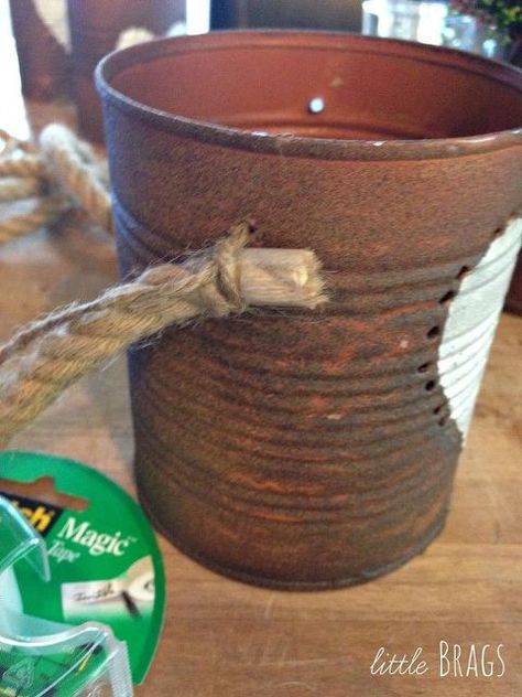 rusty tim can lanterns, container gardening, crafts, gardening Summer Planting, Tin Ideas, Can Lanterns, Tin Can Lanterns, Gardening Crafts, Battery Operated String Lights, Christmas Neighbor, Rusty Tin, Neighbor Christmas Gifts