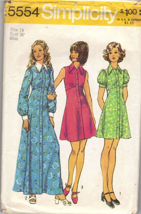 Simplicity 5554 A - Vintage Sewing Patterns 1970 Dress Patterns, 1970 Fashion, Vintage Clothes Patterns, Patron Vintage, Retro Sewing Patterns, Babydoll Shirt, 1970s Dress, 60s And 70s Fashion, Seventies Fashion