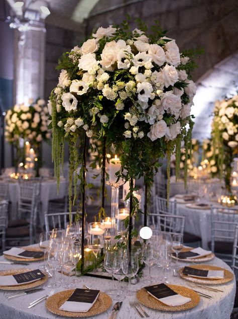 Tall Centerpiece Wedding, Hamilton Manor, Luxury Reception, Luxury Event Decor, Creative Centerpieces, Luxury Weddings Reception, Flower Containers, Greenery Centerpiece, Tall Wedding Centerpieces