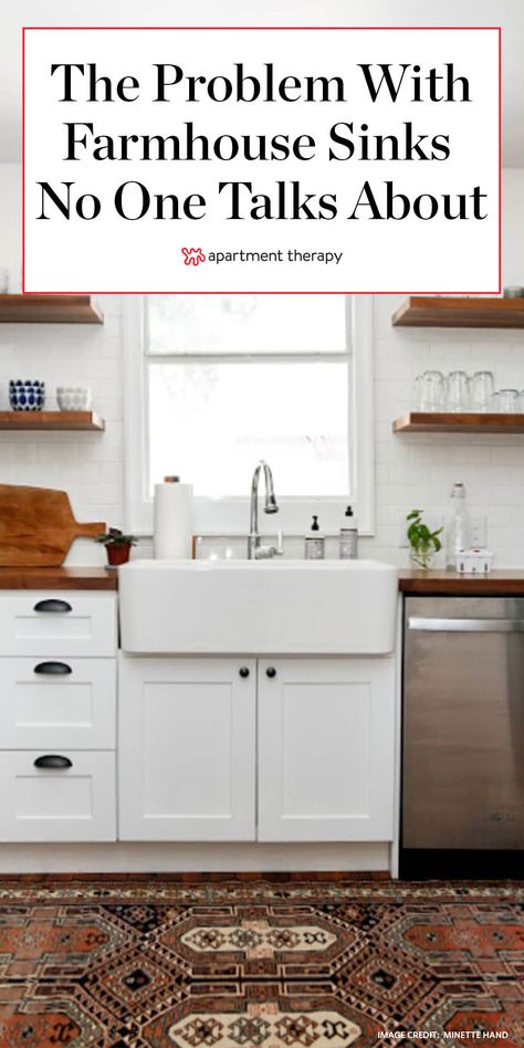 The Big Problem With Farmhouse Sinks That No One Tells You About Clean Farmhouse Kitchen, Tiny Kitchen Ideas Farmhouse, Apron Sink Cabinet, Farmhouse Kitchen Storage Cabinets, Tiny Farmhouse Kitchen, Clean Farmhouse Style, Farmhouse Kitchen With White Cabinets, Rustic Kitchen Sinks, Farm Kitchen Ideas