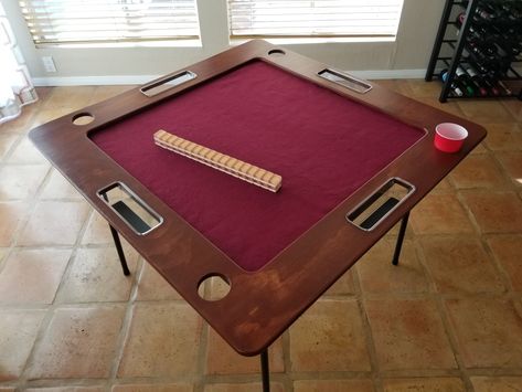 I made this Mahjong table topper that has a removable felt and can be used on any 34" square folding card or game table. There are drink holders and chip / money trays. Diy Mahjong Table, Domino Table, Mahjong Table, Gaming Tables, Mahjong Set, Mah Jongg, Wood Games, Gaming Table, Wooden Games