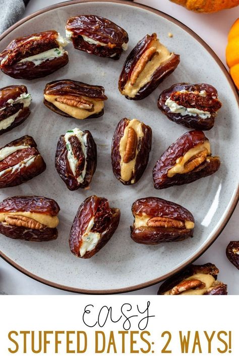 Stuffed Dates are such an easy and delicious appetizer and today I’m showing you how to make cream cheese stuffed dates TWO different ways: a sweet and savory version! Great for holidays or even just late night snacking. Cream Cheese Stuffed Dates, Cheese Stuffed Dates, Dates Stuffed, Pumpkin Spice Cream, Stuffed Dates, Pitted Dates, How To Make Cream, Healthy Food Menu, Make Cream Cheese