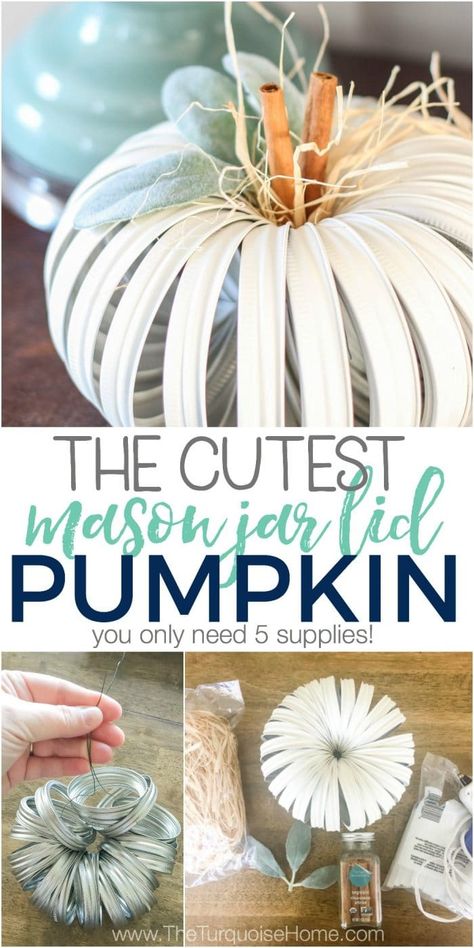 Mason Jar Lid Pumpkin Craft - The Turquoise Home Mason Jar Lid Pumpkin, Mason Jar Lid, Pumpkin Craft, Zucca Halloween, Wine Bottle Diy Crafts, Mason Jar Crafts Diy, Wine Bottle Diy, Fall Craft, Mason Jar Lids