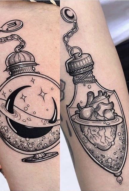 Spooky Underbust Tattoo, Brain In A Jar Tattoo, Potion Bottle Tattoo, Jar Tattoo, Lotusblume Tattoo, Bottle Tattoo, Witch Tattoo, Muster Tattoos, Inspiration Tattoos