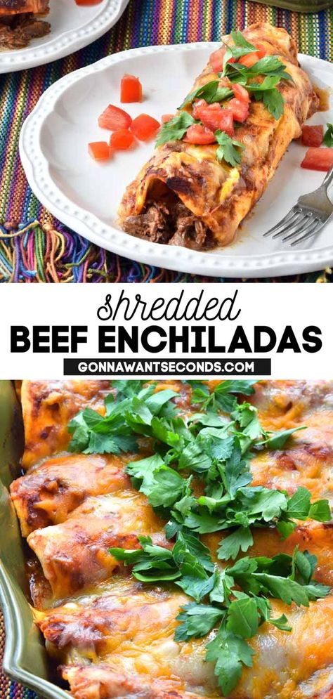 Recipes With Shredded Beef, Roast Beef Enchiladas, Steak Enchiladas, Authentic Enchilada Sauce, Enchiladas Beef, Shredded Beef Enchiladas, Shredded Beef Recipes, Beef Enchilada Recipe, Latin American Recipes