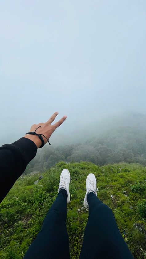 #mountains #morning #mussoorie #clouds #aesthetic #photooftheday Picture In Mountain, Mountain Photo Shoot Outfit, Nature Man Aesthetic, Mountain Photo Poses, Mountain Boy Aesthetic, Hill Station Photography Ideas For Men, Pose In Mountain, Nature Pose Ideas, Mountain Trip Aesthetic