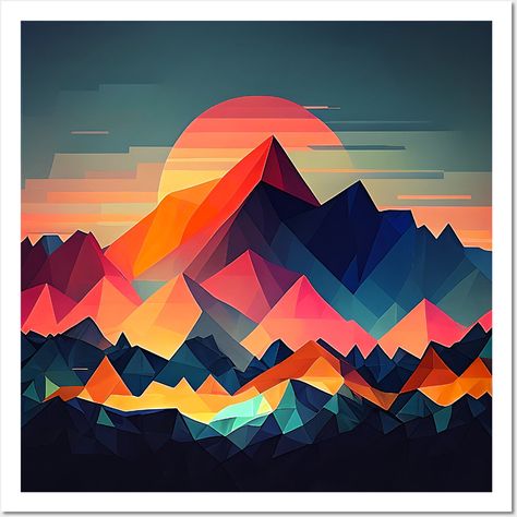 A stunning sun sets over colorful geometric mountain peaks. -- Choose from our vast selection of art prints and posters to match with your desired size to make the perfect print or poster. Pick your favorite: Movies, TV Shows, Art, and so much more! Available in mini, small, medium, large, and extra-large depending on the design. For men, women, and children. Perfect for decoration. Geometric Sunset Painting, Abstract Mountains Painting, Geometric Mountain Art, Art Starters, Mountain Digital Art, Geometric Sunset, Garden Fence Art, Geometric Landscape, Geometric Mountain