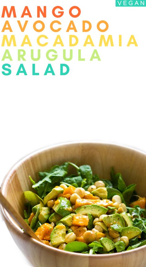 Arugula Avocado Mango Macadamia Salad Mango Salat, Mango Avocado, Avocado Salat, Vegan Salad Recipes, Egg Salad Recipe, Avocado Vegan, Mango Salad, Arugula Salad, Vegan Salad