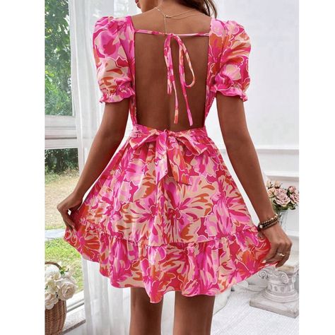 Super Cute Open Back Square Neck Puff Sleeve A-Line Recruitment Outfits, Brunch Dress, Knot Dress, Square Neck Dress, Strappy Dresses, Dresses Backless, Rose Dress, Floral Dress Summer, Kids Beachwear