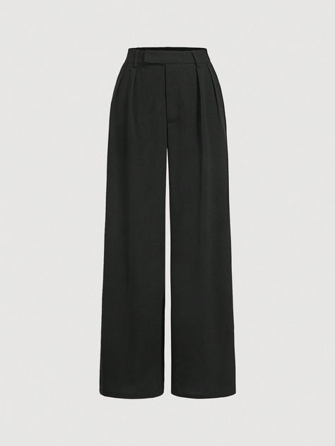 Black Extra Long Loose Casual Business Women Pants, Wide Leg Trousers Wide Leg Women Pants Dress Pants Black Casual   Knitted Fabric Plain Wide Leg Medium Stretch  Women Clothing, size features are:Bust: ,Length: ,Sleeve Length: Loose Black Pants, Wide Leg Work Pants, Front Zipper Skirt, Black Trousers Women, Leg Women, Trousers Wide Leg, Plain Pants, Business Pants, Pants Dress