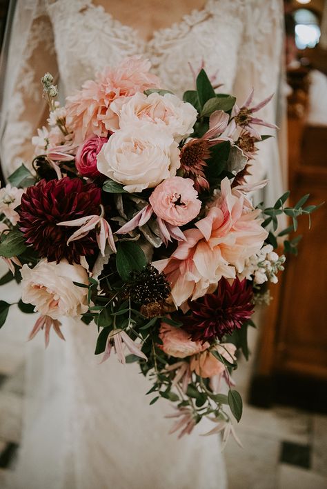 with tones of blush pink, burgundy and lots of greenery, we are majorly swooning over this bridal bouquet! Medium Wedding Bouquet, Pink And Burgundy Wedding, Christmas Instagram Pictures, Christmas Tree Decorations Ideas, Blush Bouquet Wedding, Burgundy And Blush Wedding, Popular Wedding Colors, Tree Decorations Ideas, Christmas Tree Decorating Themes