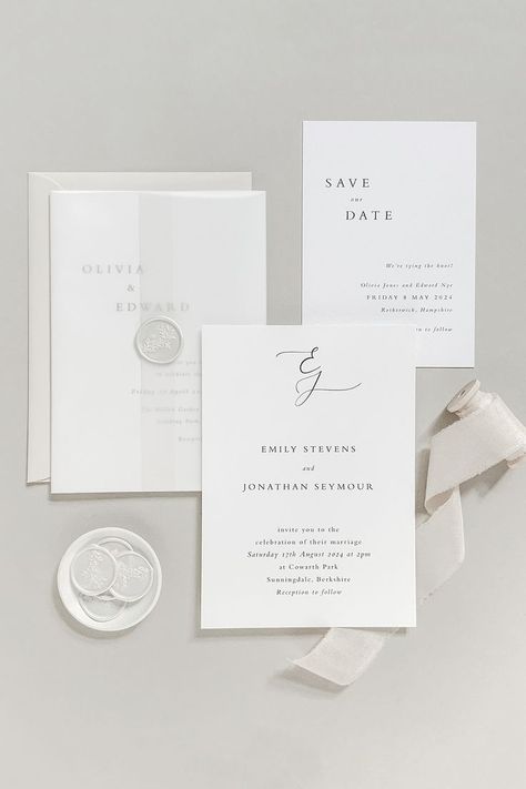 Cream And White Wedding Invitations, White Wax Seal Wedding Invitations, Wedding Invitation Vellum Wrap, Wedding Invite Simple, White Invitations Wedding, Civil Wedding Invitation, White Wedding Stationary, Wedding Card Minimal, White Wedding Invitations Elegant