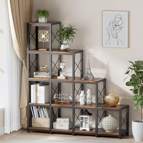 [Ladder Design and Combined Assembly]- Our 14 Shelves Bookshelf contains 10 cube shaped storage space, creating an eye-catching, staircase-style profile. The organized cube structure, steel frame and wooden board gives it a vintage feel. You can choose to buy two bookshelves, assembled side by side like in our picture, not only very beautiful and atmospheric, but also add more storage space and add an artistic sense to your room. [Multi-functional Storage Space]- Size: 45”L x 12”W x 55” H. This large bookshelf contains 10 cube shaped storage space. It provides ample space for your books, models, crafts, and photos, or other decorations. This corner bookshelf will be a great place to show your friends and family about your life, hobbies, or small accomplishments. Bookshelf Ladder, Bookshelf Industrial, Brown Bookcase, Staircase Styles, Tiered Display Shelves, Ladder Design, Corner Bookshelf, Large Bookshelves, Vintage Bookshelf