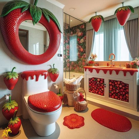 Strawberry-Inspired Bathroom Strawberry Bathroom, Burst Of Color, Chill Room, Home Makeover, Kitchen Furniture, Dining Room Furniture, Room Furniture, Bathroom Design, Bathroom Decor