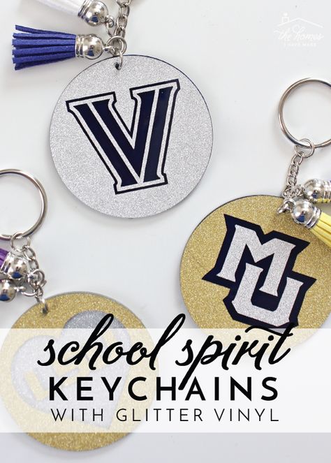 Show your school spirit with these awesome keychains made with glitter vinyl - perfect for grads, alumni, sororities, and more! School Spirit Ideas To Sell, School Spirit Keychains Diy, School Spirit Cricut Projects, Cricut School Spirit Ideas, School Spirit Diy Projects, Diy School Spirit Crafts, School Spirit Bracelets Diy, School Spirit Merchandise Ideas, School Spirit Accessories