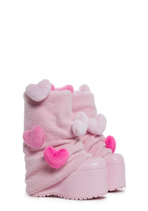 Sugar Thrillz Leg Warmer Plush Heart Platform Boots - Pink Hoof Boots Cosplay, Winter Astethic Clothing, Amazon Platform Boots, Cheap Platform Boots, Chunky Pink Shoes, Pink Birthday Wishlist, Lovecore Shoes, Kawaii Stuff To Buy, Dollskill Boots