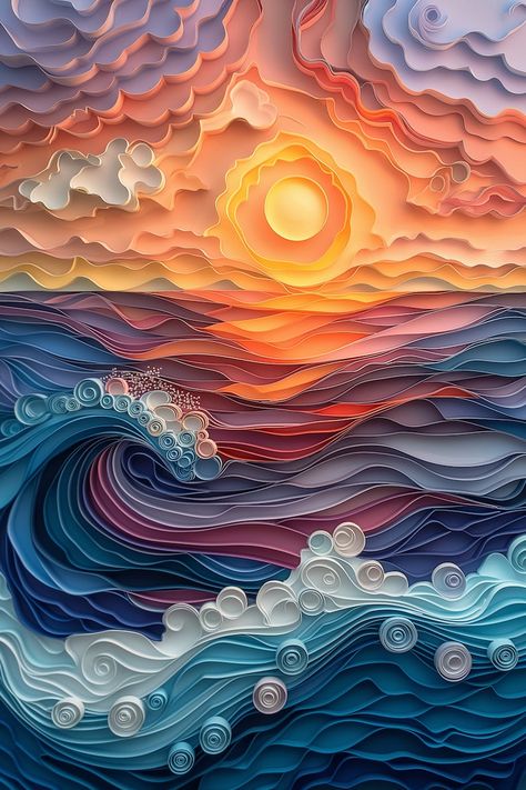 Four Paper Quilling Ocean Sunset Paintings, Paper Quilling, Ocean, Sunset, Wall Decor, Wall Art, Wall Painting, Poster, 24 by 36 Inches - Etsy Ukraine Quilling Ocean, Paper Illusions, Quiling Paper Art, Arte Pop Up, Sunset Paintings, Sunset Wall Decor, Arte Quilling, Art Wall Painting, Easy Mandala Drawing